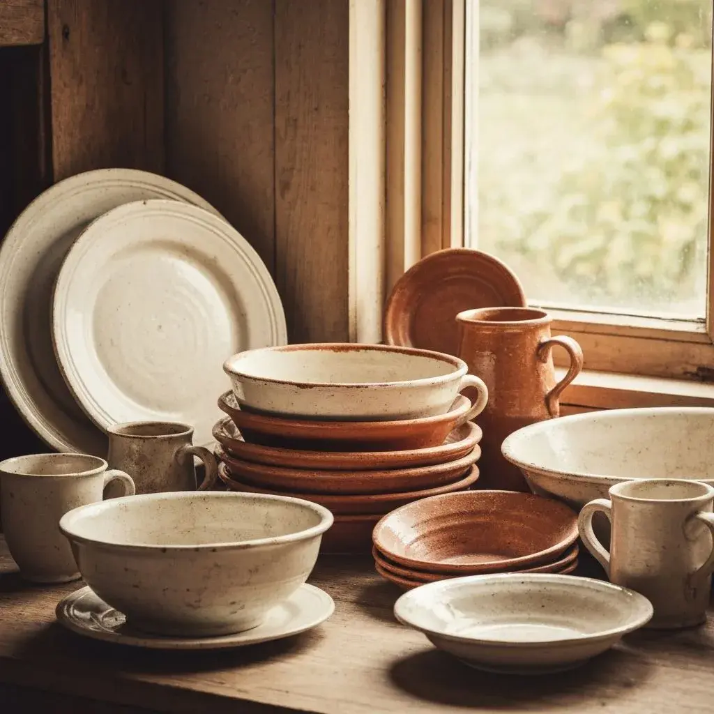 French brocante stall with rustic pottery and timeworn collectibles